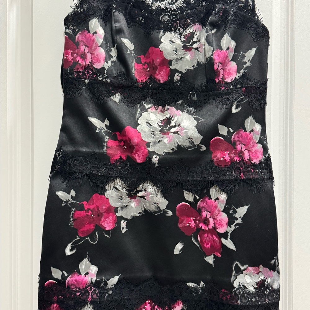 White House Black Market Black and Pink Floral Midi Dress